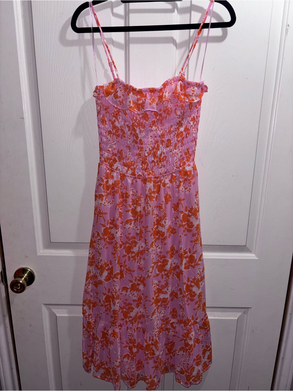 Sienna Sky Pink and Orange Floral Smocked Midi Dress
